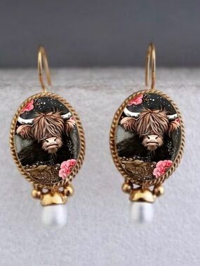 Gold-Tone Highland Cow Oval Drop Earrings with Pink Accent